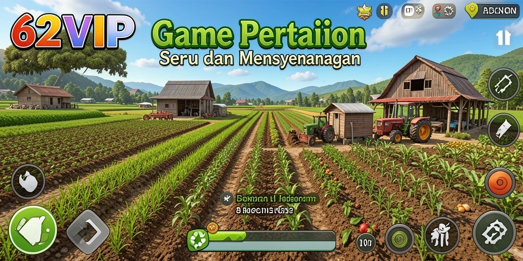 Screenshot gameplay 62VIP menampilkan kebun yang indah dengan berbagai tanaman.