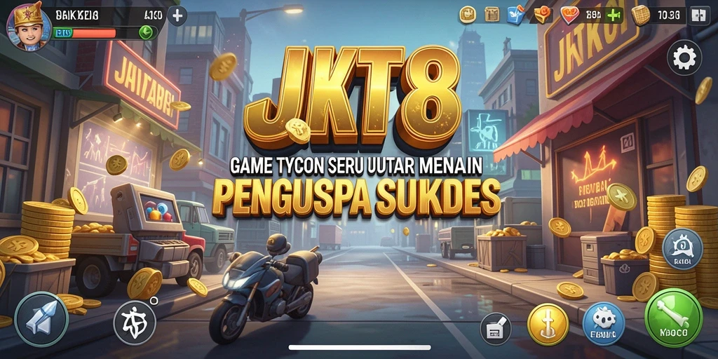 Tampilan gameplay JKT8 yang menakjubkan dengan berbagai usaha yang bisa dikelola.