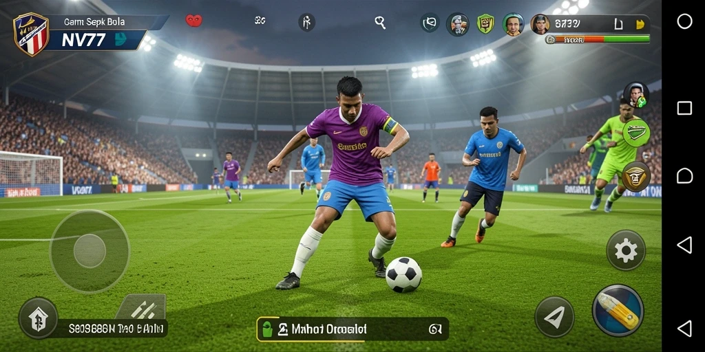 Tangkapan layar gameplay NV77 yang menampilkan aksi sepak bola seru.