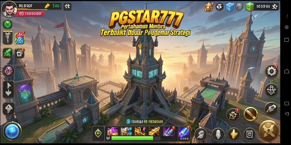 Screenshot gameplay menampilkan pertahanan menara yang strategis.